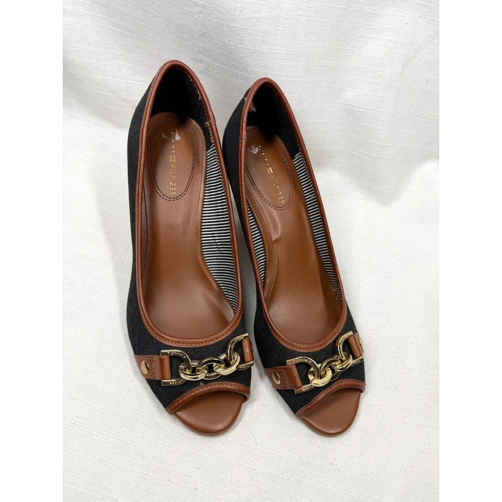 Tommy Hilfiger Canvas Horsebit Cork Wedge Peep Toe Heels Black Brown Sz 6.5 NWOB